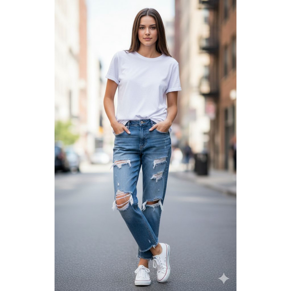 Women's ZARA WOMAN Blue Distressed Boyfriend Jeans Size 10